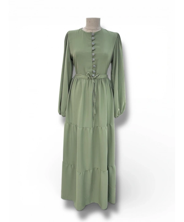 Mint Yeşili Belden Bağlamalı İnce Saten Elbise Modelimiz
