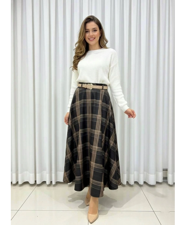 Siyah Ekose Desenli Kumaş Kemerli Etek Modelimiz