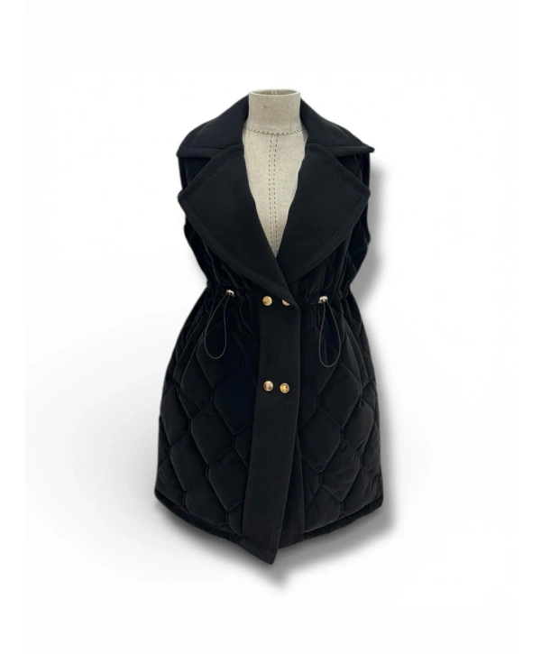 Siyah Kaşe Garneli Baklava Desenli Şişme Yelek Modelimiz