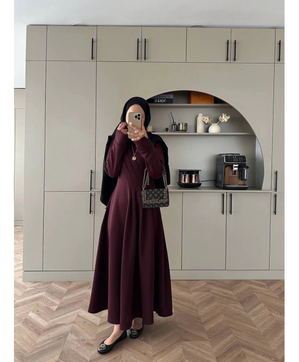 Sukuba Kumaş Bordo Tesettür Elbise | Şık Günlük ve Özel Gün Elbisesi |