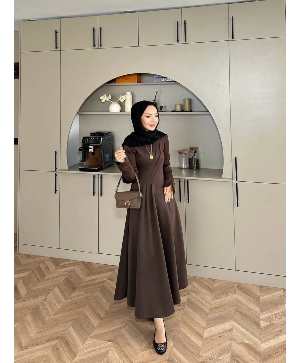Sukuba Kumaş Kahverengi Tesettür Elbise | Şık Günlük ve Özel Gün Elbisesi |