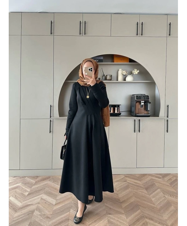 Sukuba Kumaş Siyah Tesettür Elbise | Şık Günlük ve Özel Gün Elbisesi |
