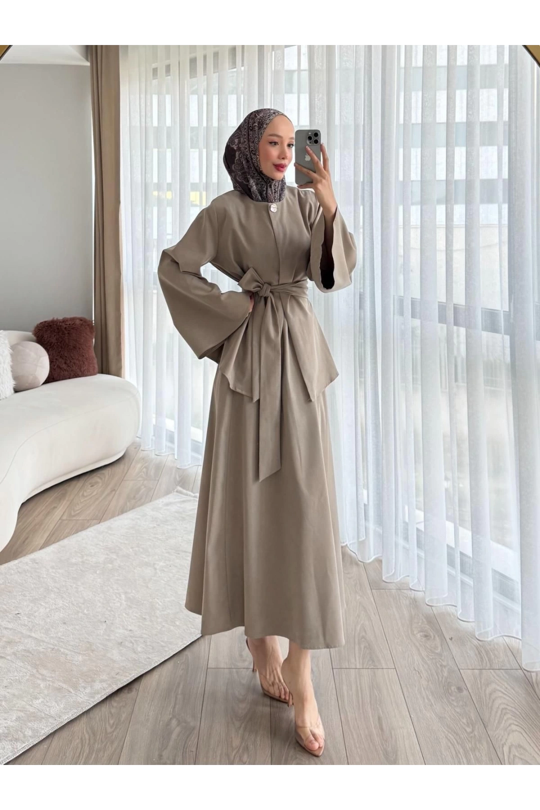 Kadın Bej Kuşaklı Tesettür Elbise