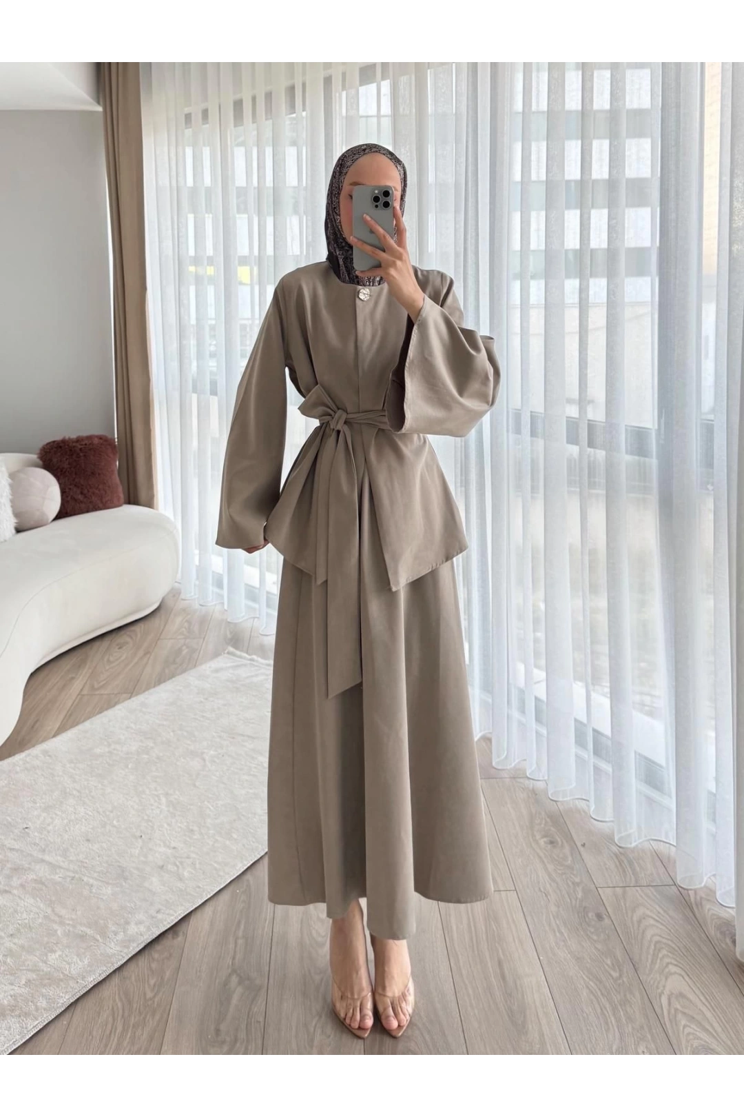 Kadın Bej Kuşaklı Tesettür Elbise