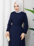 Lacivert Krep Kumaş Kuşaklı Elbise Modelimiz