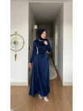 Yeni Sezon Lacivert Saten Kumaş Taşlı Abiye Modelimiz