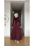 Yeni Sezon Mürdüm Saten Kumaş Taşlı Abiye Modelimiz