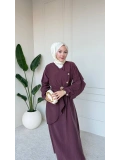 Mürdüm Tensel Kumaş Sırtı Ve Kolları Fırfırlı Kemerli Elbise Modelimiz