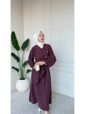 Mürdüm Tensel Kumaş Sırtı Ve Kolları Fırfırlı Kemerli Elbise Modelimiz