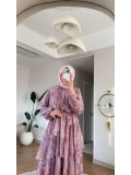 Pembe Şifon Kumaş Desenli Kat Kat Elbise Modelimiz