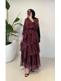 Bordo Şifon Kumaş Desenli Kat Kat Elbise Modelimiz