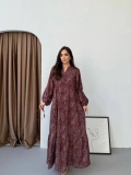 Bordo Şal Desenli Düğmeli Geniş Kalıp Elbise Modelimiz