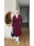 Bordo Kuşaklı Trençkot: Klasik Yaka Tesettür Dış Giyim