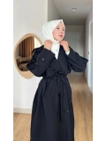 Siyah Kuşaklı Trençkot: Klasik Yaka Tesettür Dış Giyim