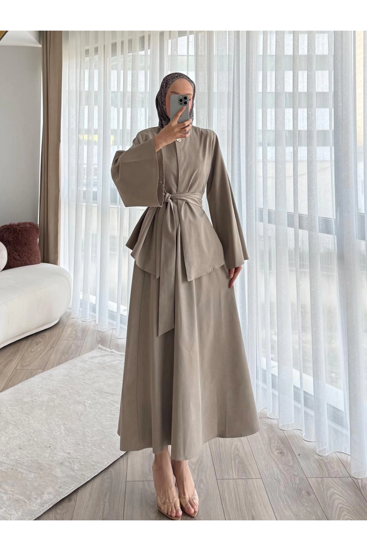 Kadın Bej Kuşaklı Tesettür Elbise