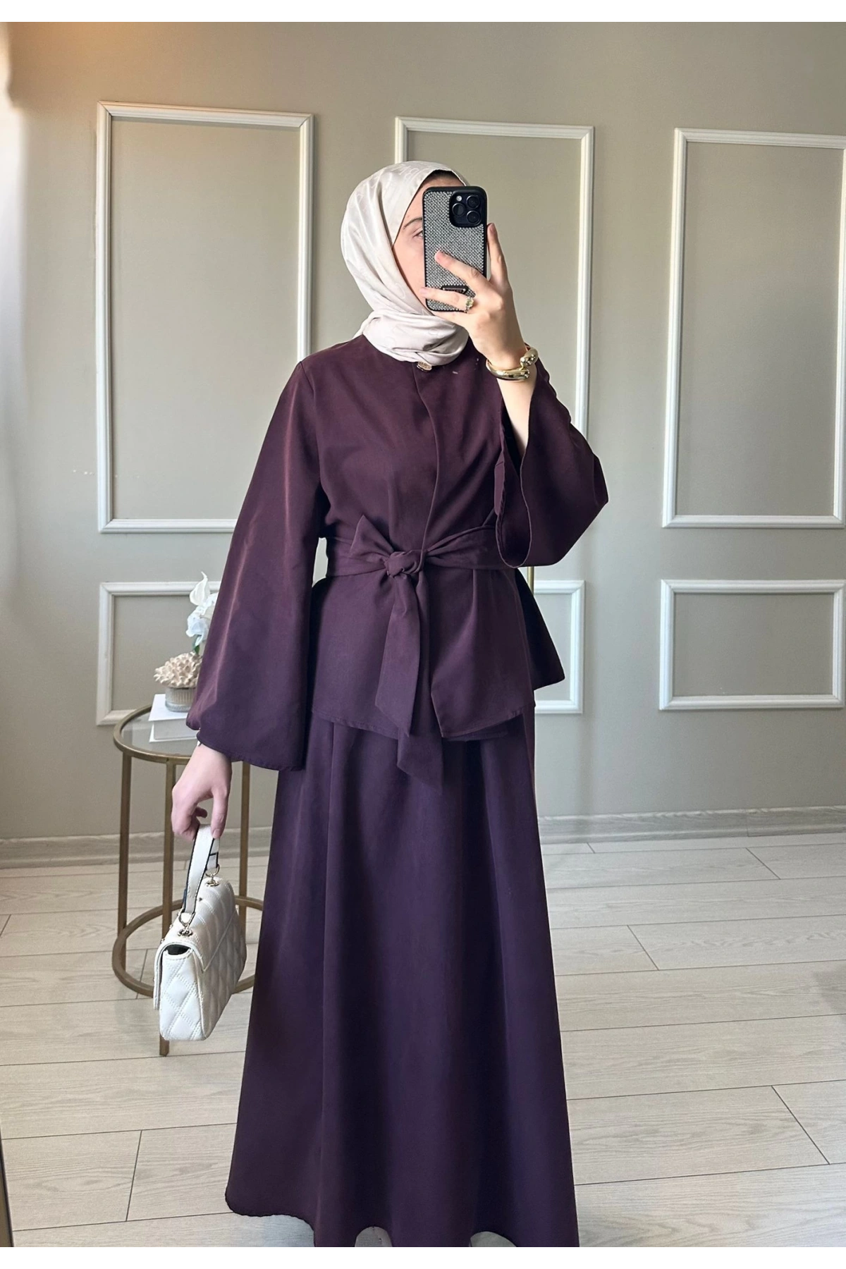 Kadın Mor Kuşaklı Tesettür Elbise