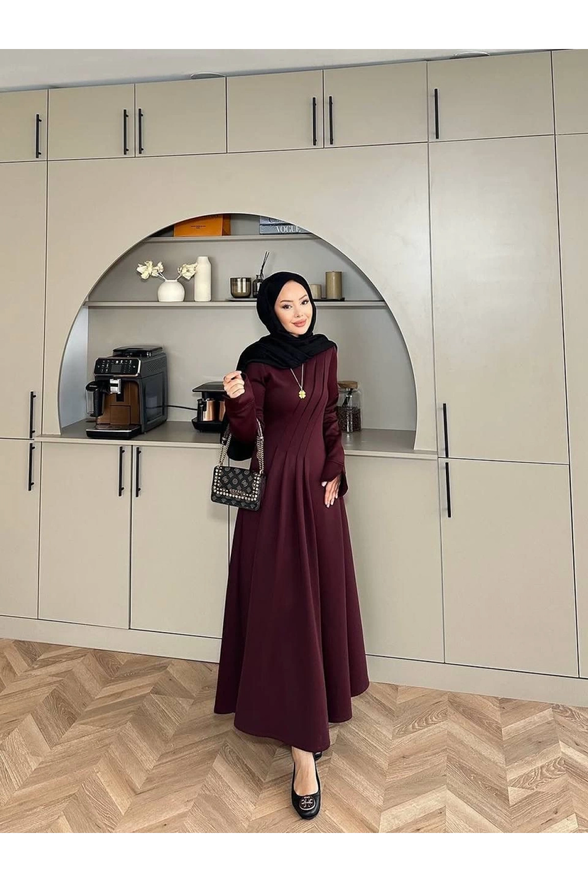 Sukuba Kumaş Bordo Tesettür Elbise | Şık Günlük ve Özel Gün Elbisesi |