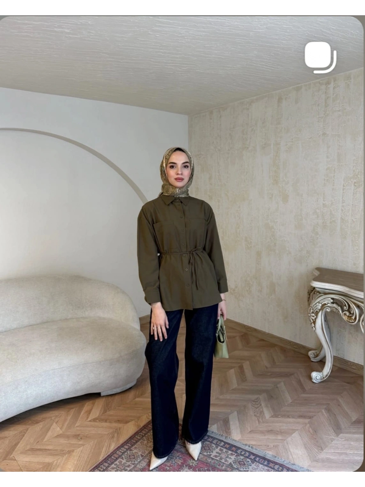 Haki Belden Bağlamalı Basic Gömlek