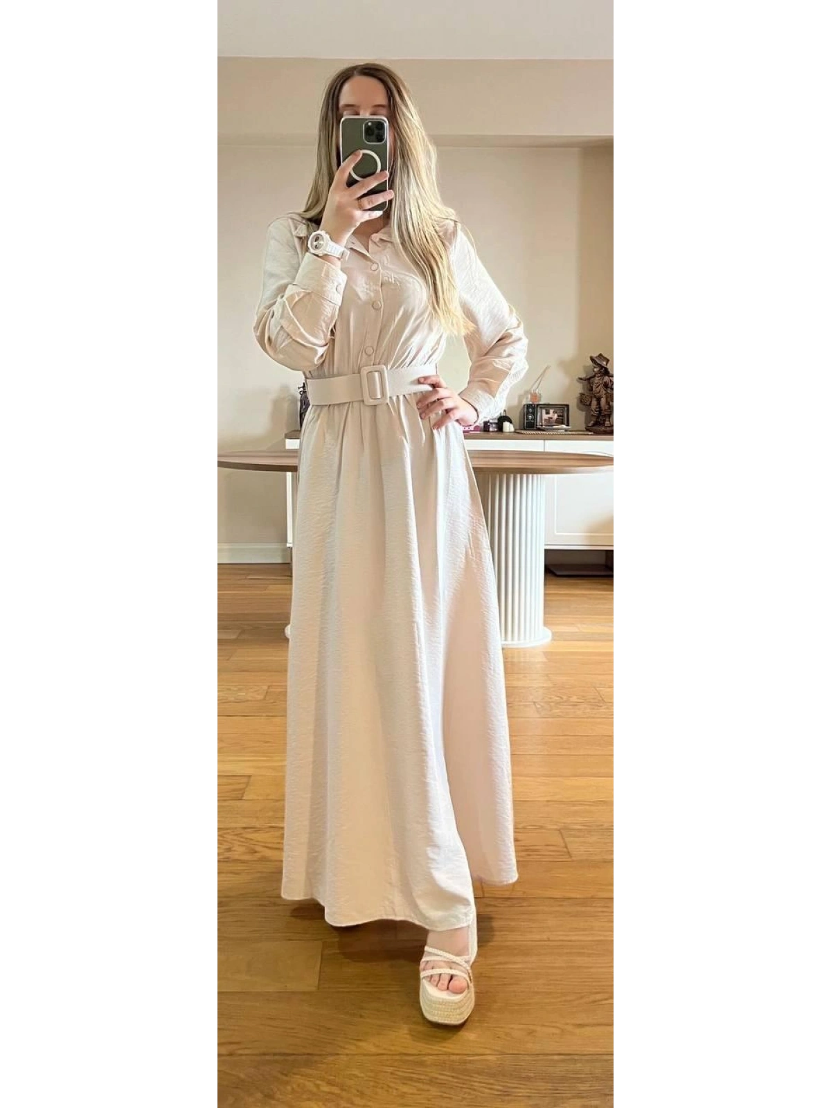 Bej Modal Kumaş Beli Lastikli Kemerli Elbise Modelimiz