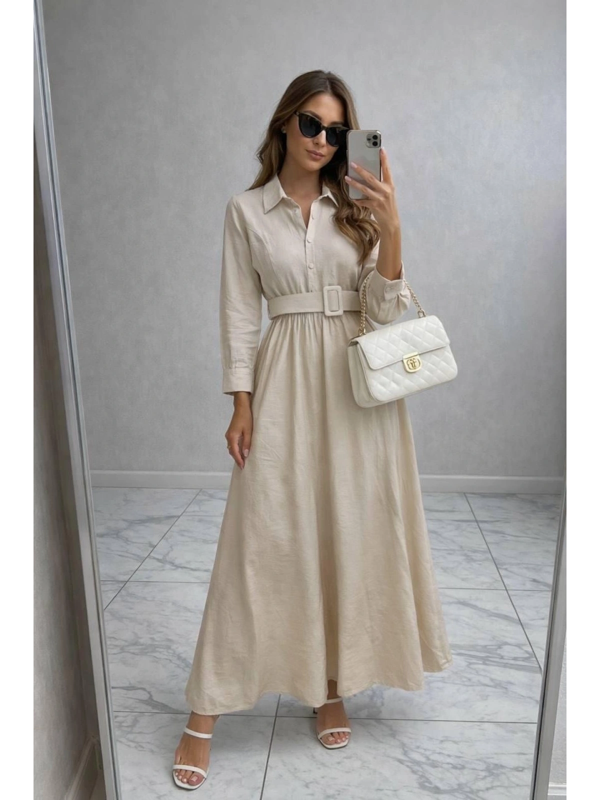 Bej Modal Kumaş Beli Lastikli Kemerli Elbise Modelimiz