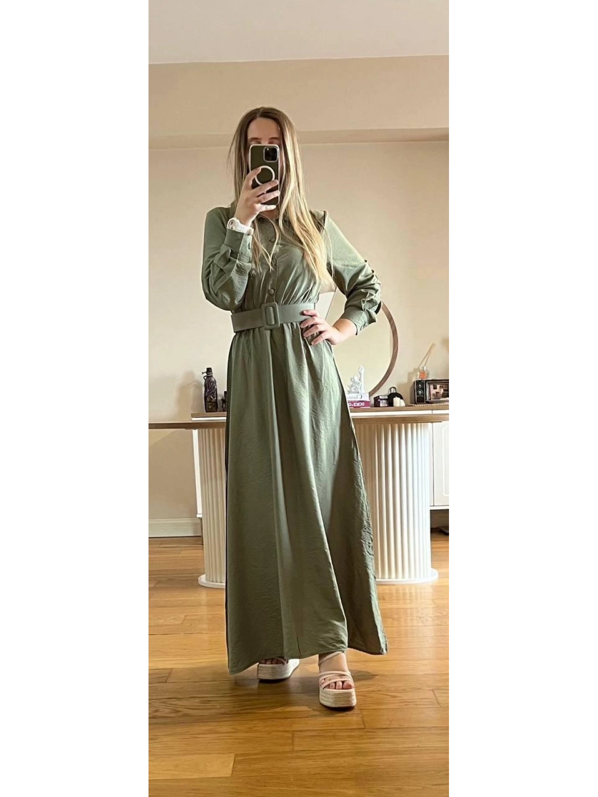 Yeşil Modal Kumaş Beli Lastikli Kemerli Elbise Modelimiz