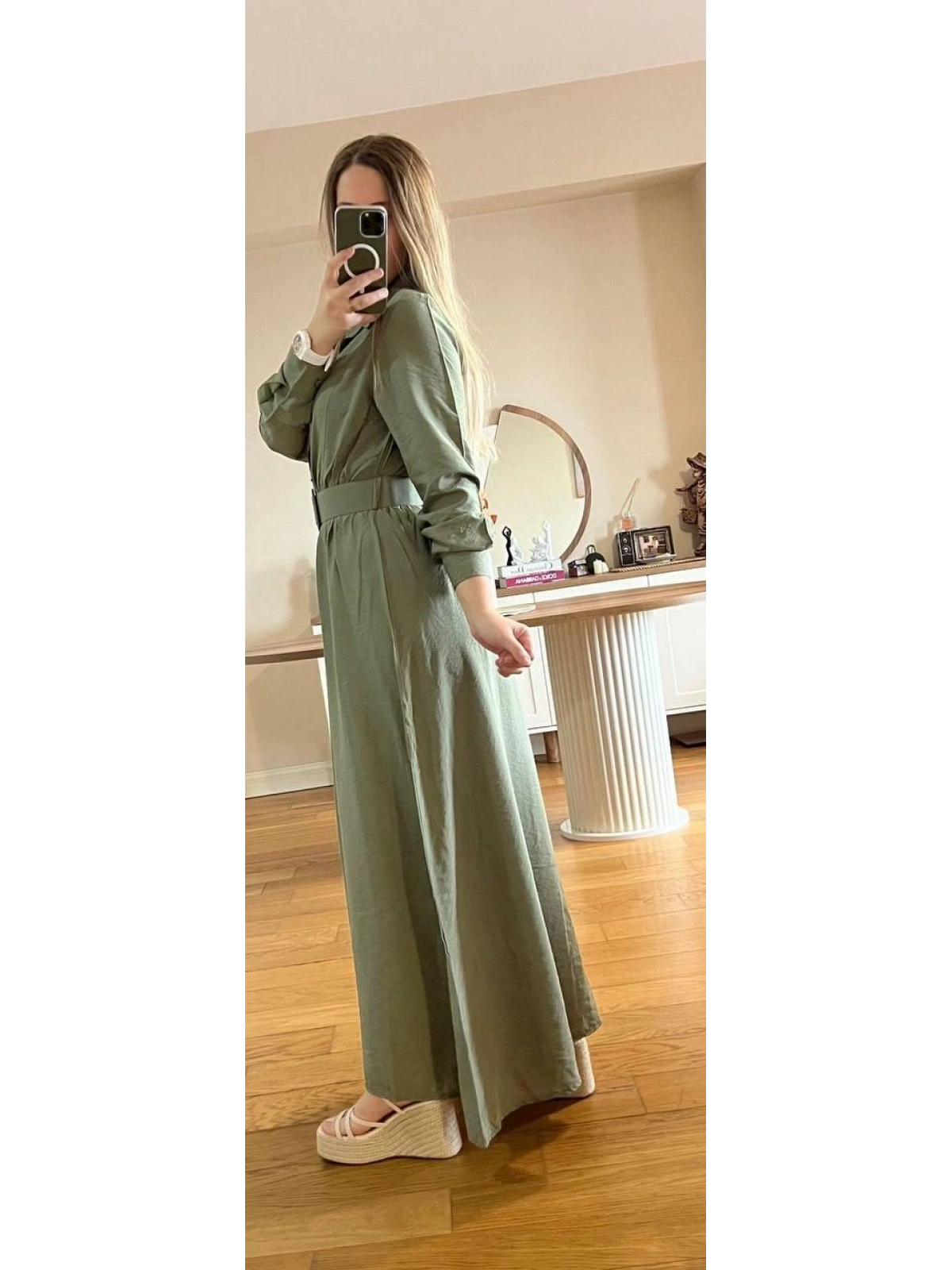 Yeşil Modal Kumaş Beli Lastikli Kemerli Elbise Modelimiz