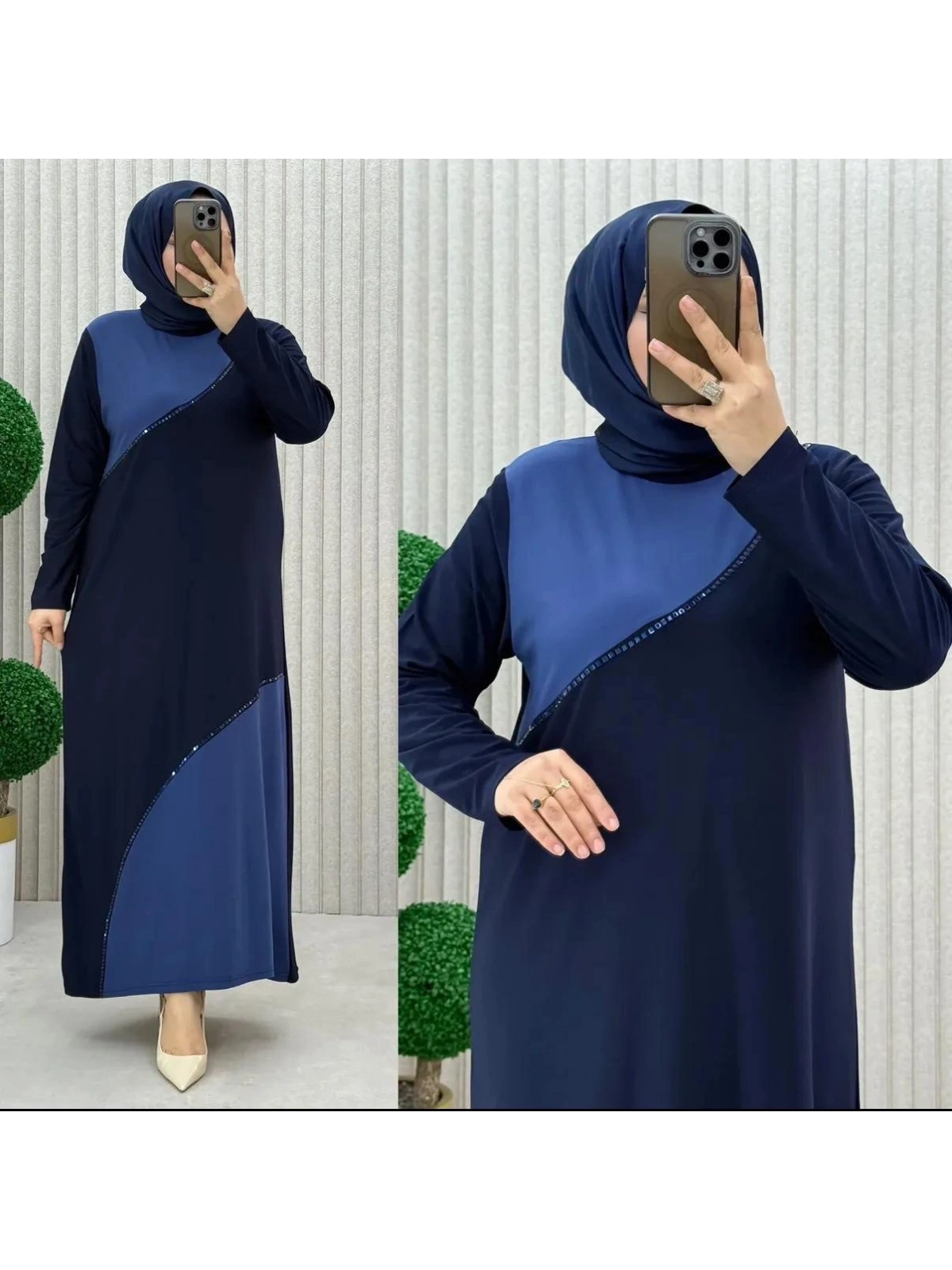 Lacivert Sendi Kumaş Taş Detaylı Elbise Modelimiz