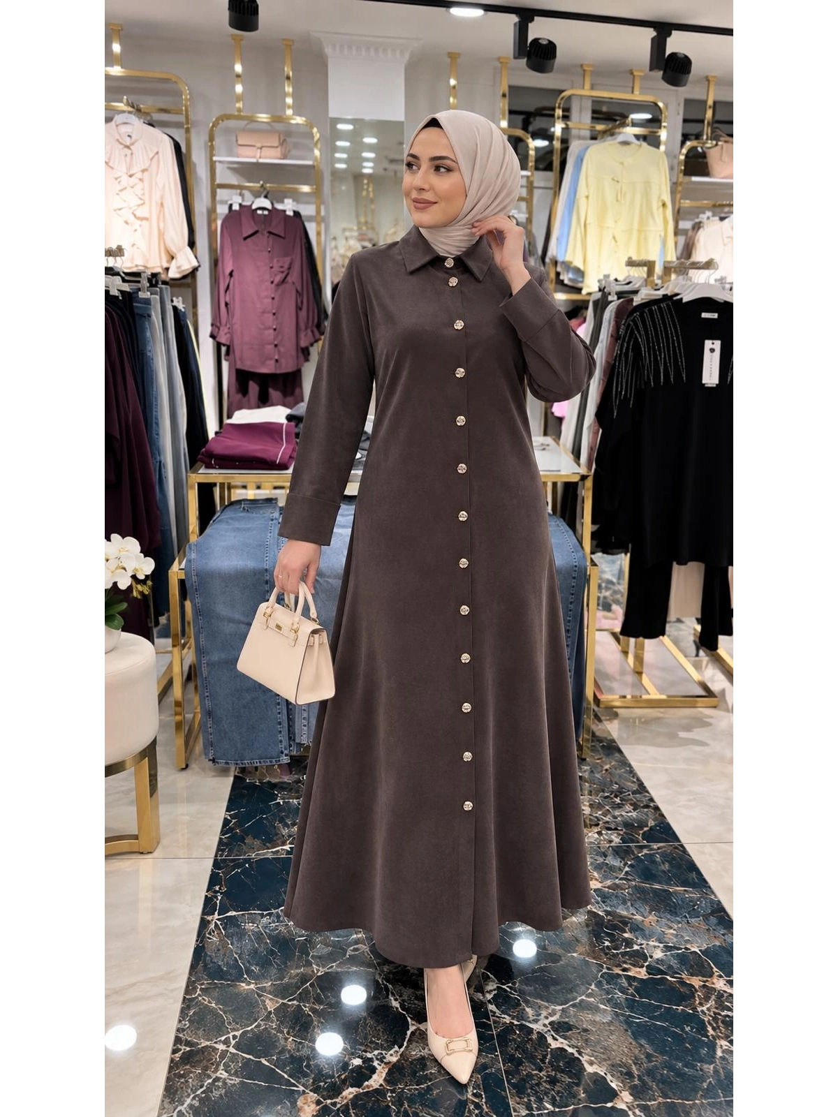 Kahverengi Abaya Görünümlü Elbise Modelimiz