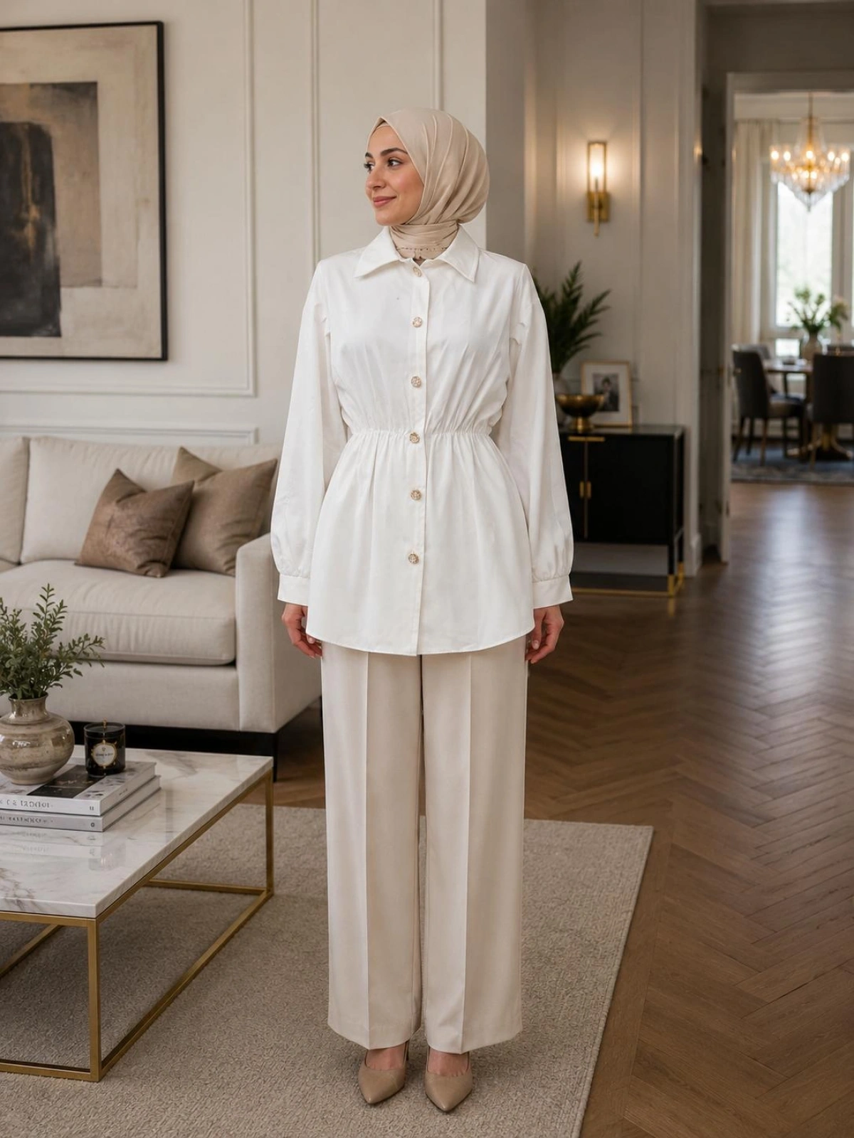 Beyaz İnce Saten Belden Bağlamalı Gömlek Moodelimiz