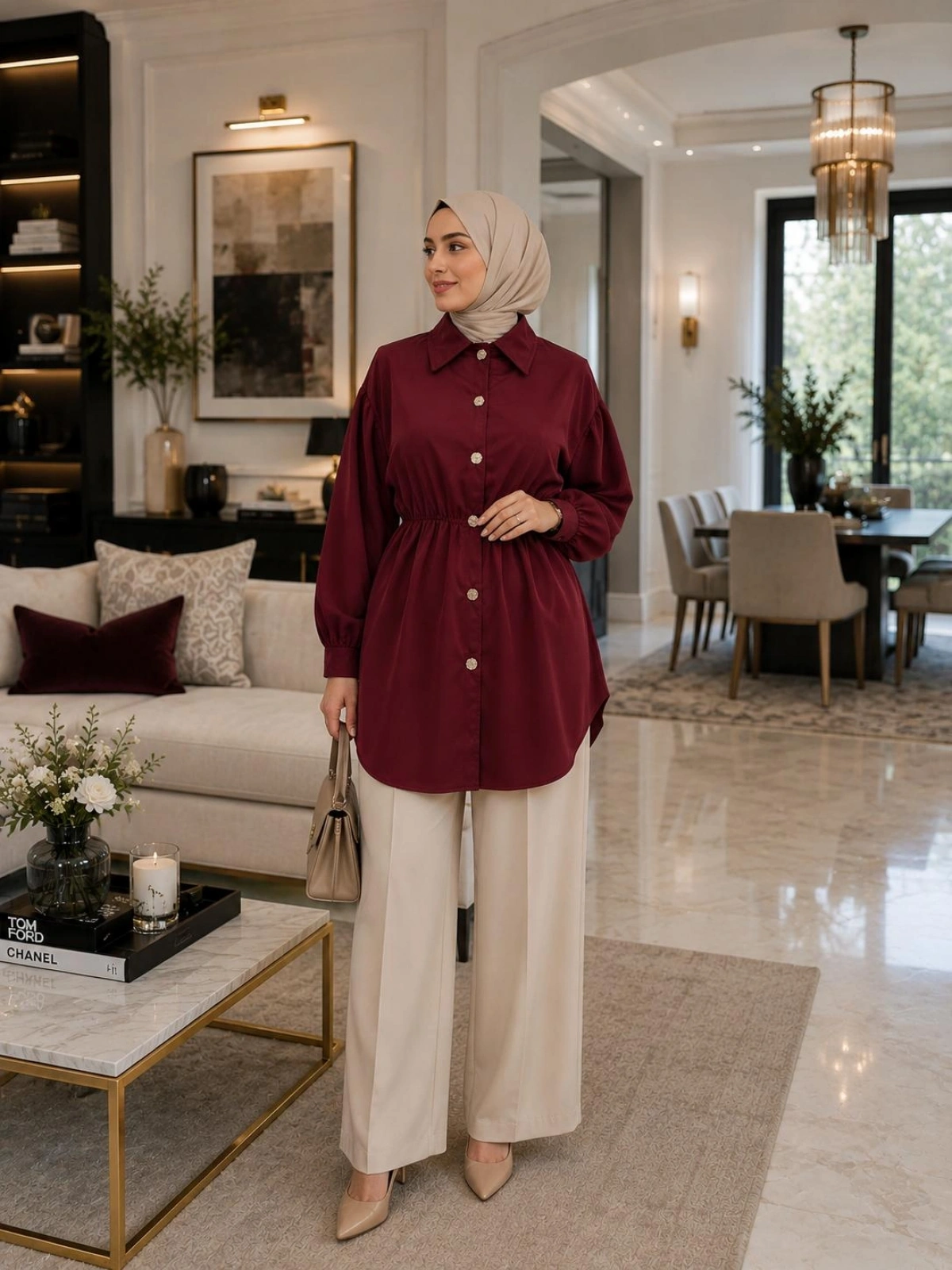 Bordo İnce Saten Belden Bağlamalı Gömlek Moodelimiz