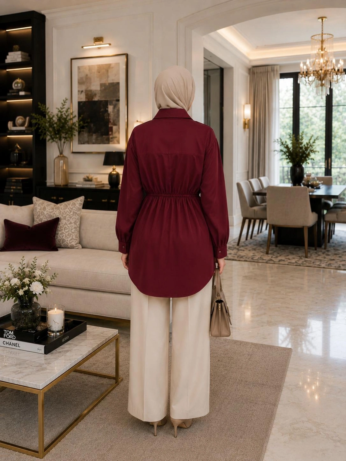 Bordo İnce Saten Belden Bağlamalı Gömlek Moodelimiz