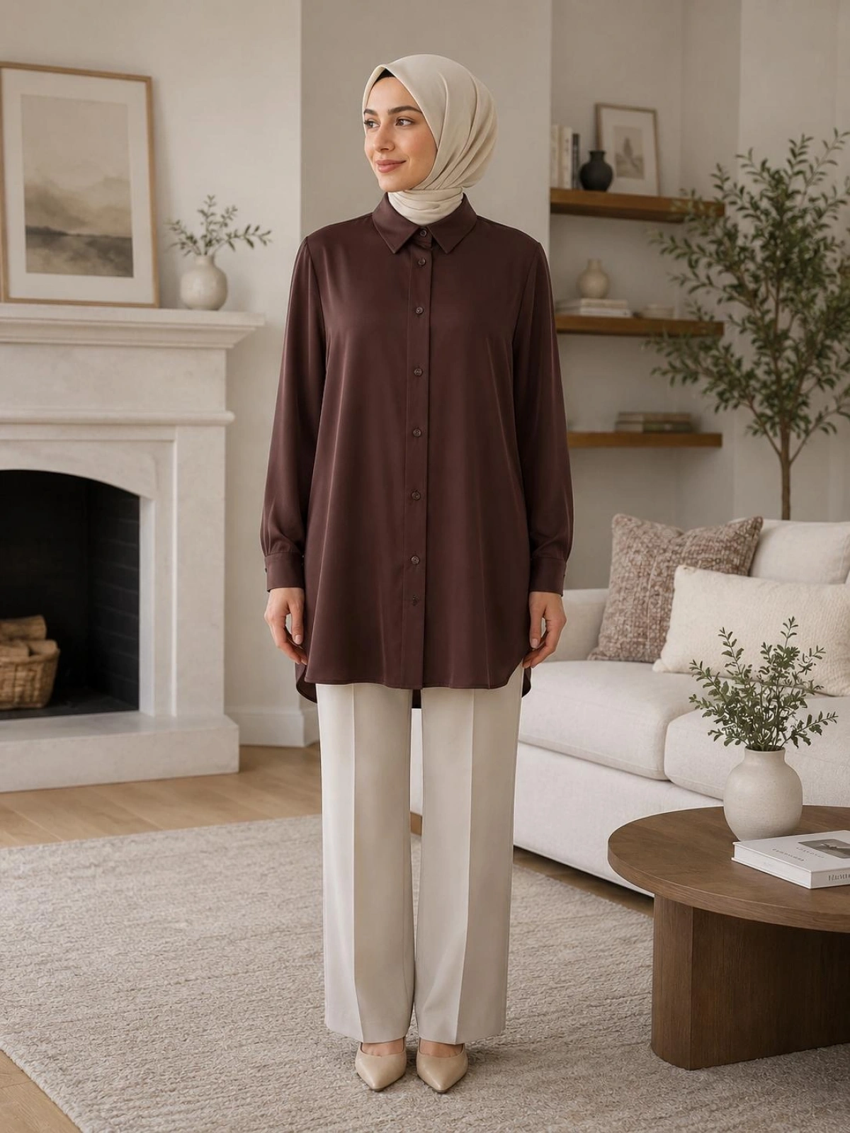 Kahverengi Oversize Saten Kumaş Gömlek Modelimiz
