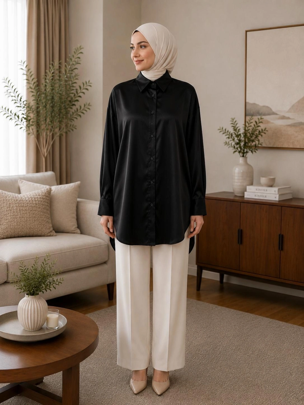 Siyah Oversize Saten Kumaş Gömlek Modelimiz