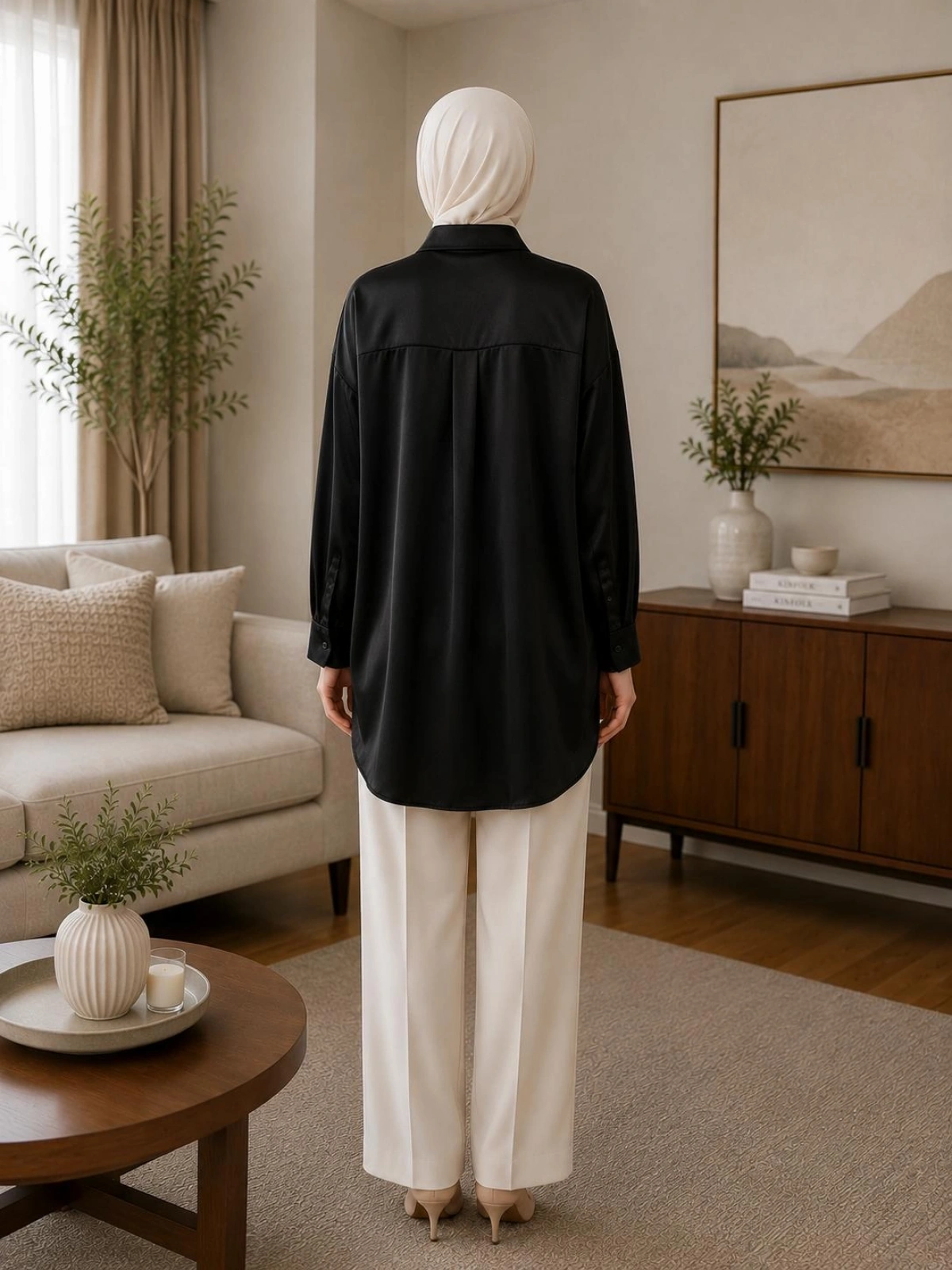 Siyah Oversize Saten Kumaş Gömlek Modelimiz