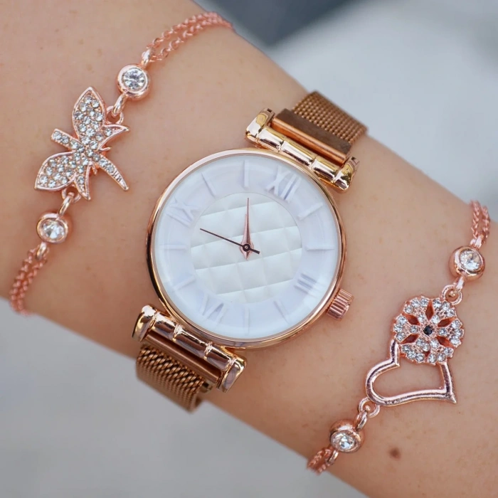 Rose Gold Hasır Mıknatıslı Kordon Kadın Saat Kombini 1000