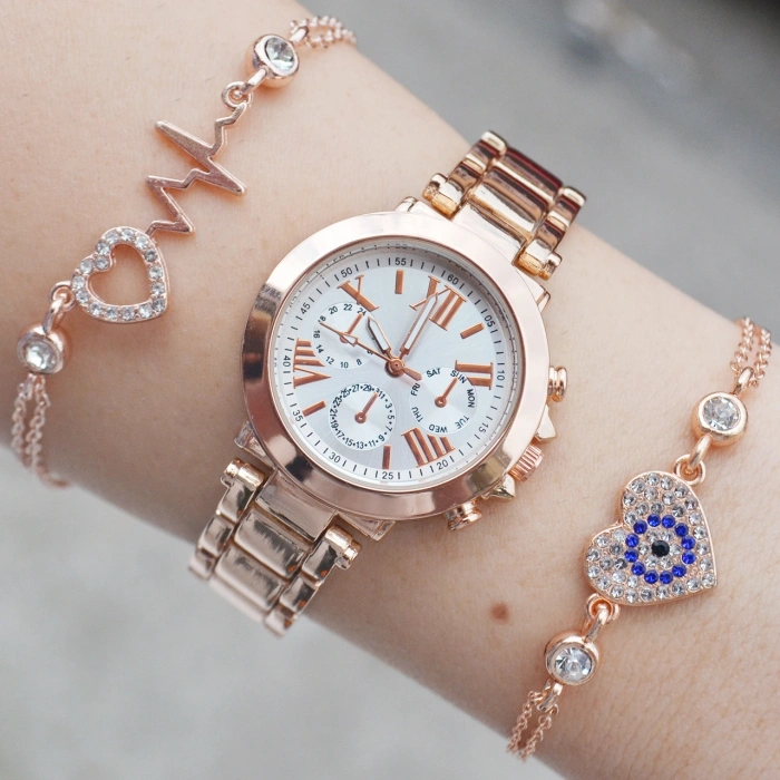 Rose Gold Metal Bayan Saat Kombini 3440