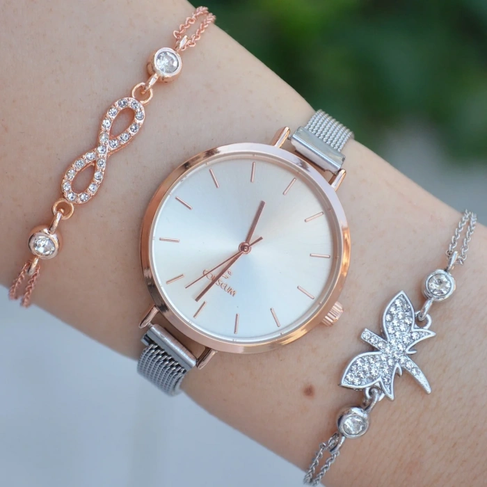 Rose Kasa Silver Hasır Mıknatıslı Kordon Kadın Saat Kombini 1455