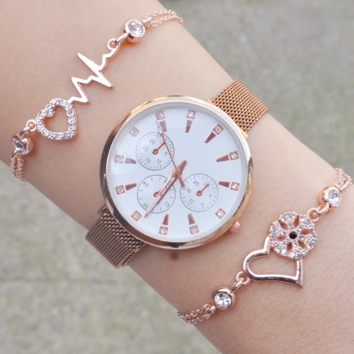 Rosegold Hasır Mıknatıslı Kordon Kadın Saat Kombini 8639