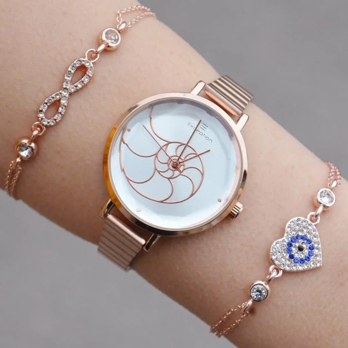 Rosegold Metal Kordon Kadın Saat Kombini 1228