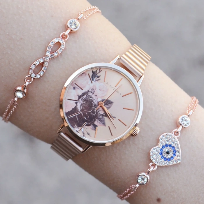 Rosegold Metal Kordon Kadın Saat Kombini 1218