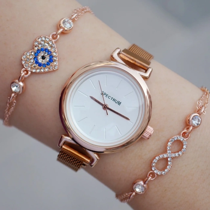 Rosegold Mıknatıslı Hasır Kordon Kadın Saat Kombini 8892