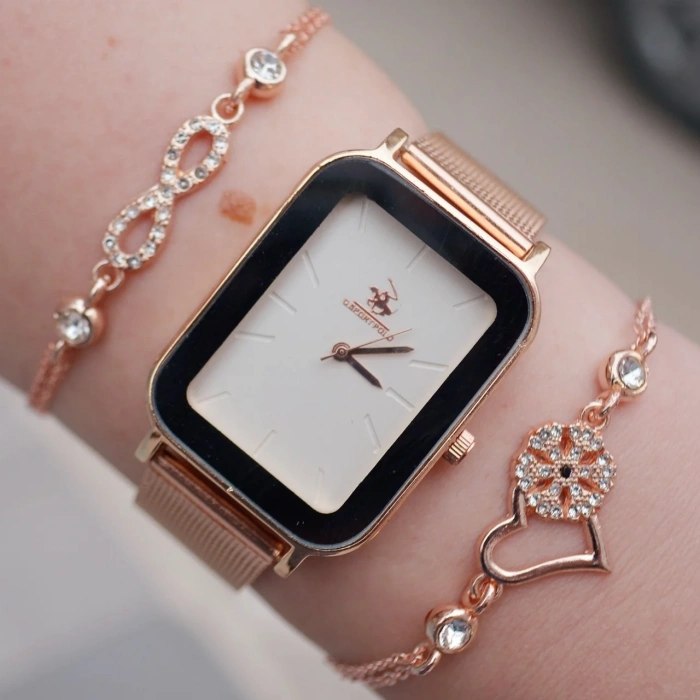 Rosegold Hasır Kordon Kadın Saat Kombini 8806