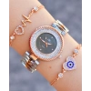 Taşlı Silver Rose Metal Kordon Bayan Saat Kombini 1079