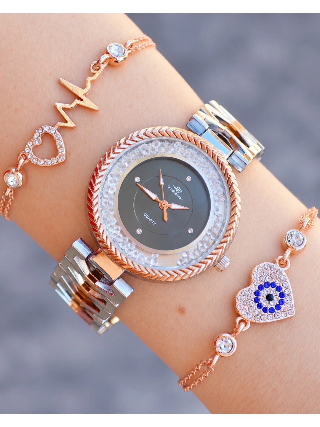Taşlı Silver Rose Metal Kordon Bayan Saat Kombini 1079