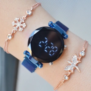 Mavi Hasır Mıknatıslı Kordon Dijital Kadın Saat Kombini  9875