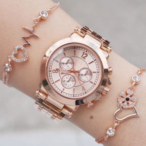 Rose Gold Metal Bayan Saat Kombini 3439