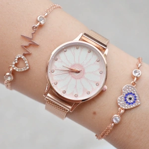 Rosegold Hasır Mıknatıslı Kordon Kadın Saat Kombini 9744