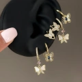 Çelik Çift Earcufflı Kelebekli 6 Lı Küpe Seti
