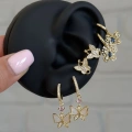 Çelik Çift Earcufflı Kelebekli 6 Lı Küpe Seti