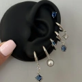 Çelik Silver Lacivert Taşlı 6 Lı Küpe Seti